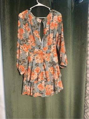 Hello Molly Sage Floral Tiered Mini Dress with Peach Blooms